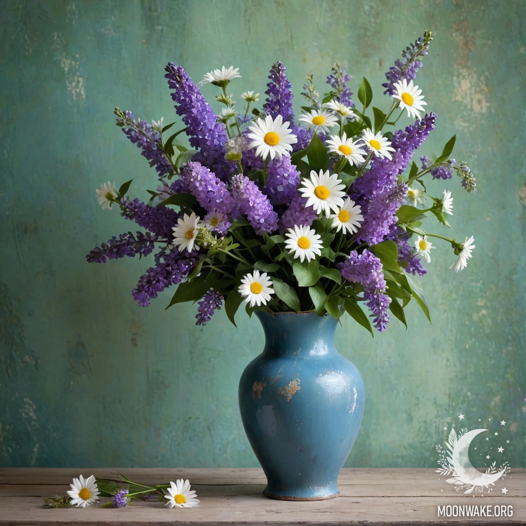 A blue vase decorated with daisies and lilacs against a weathered green wall.