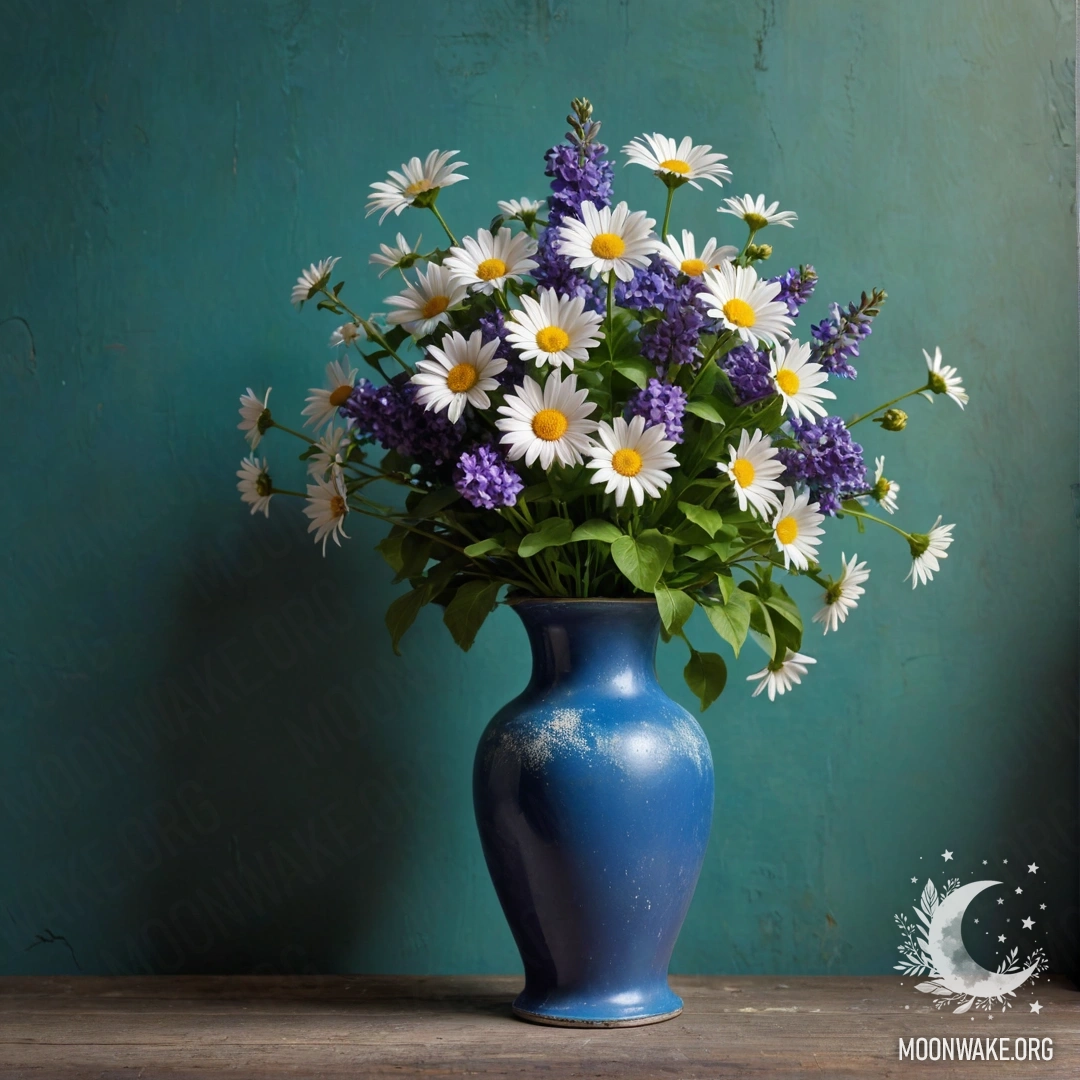 A shabby metal blue vase filled with daisies and lilacs against a greenish wall at night.