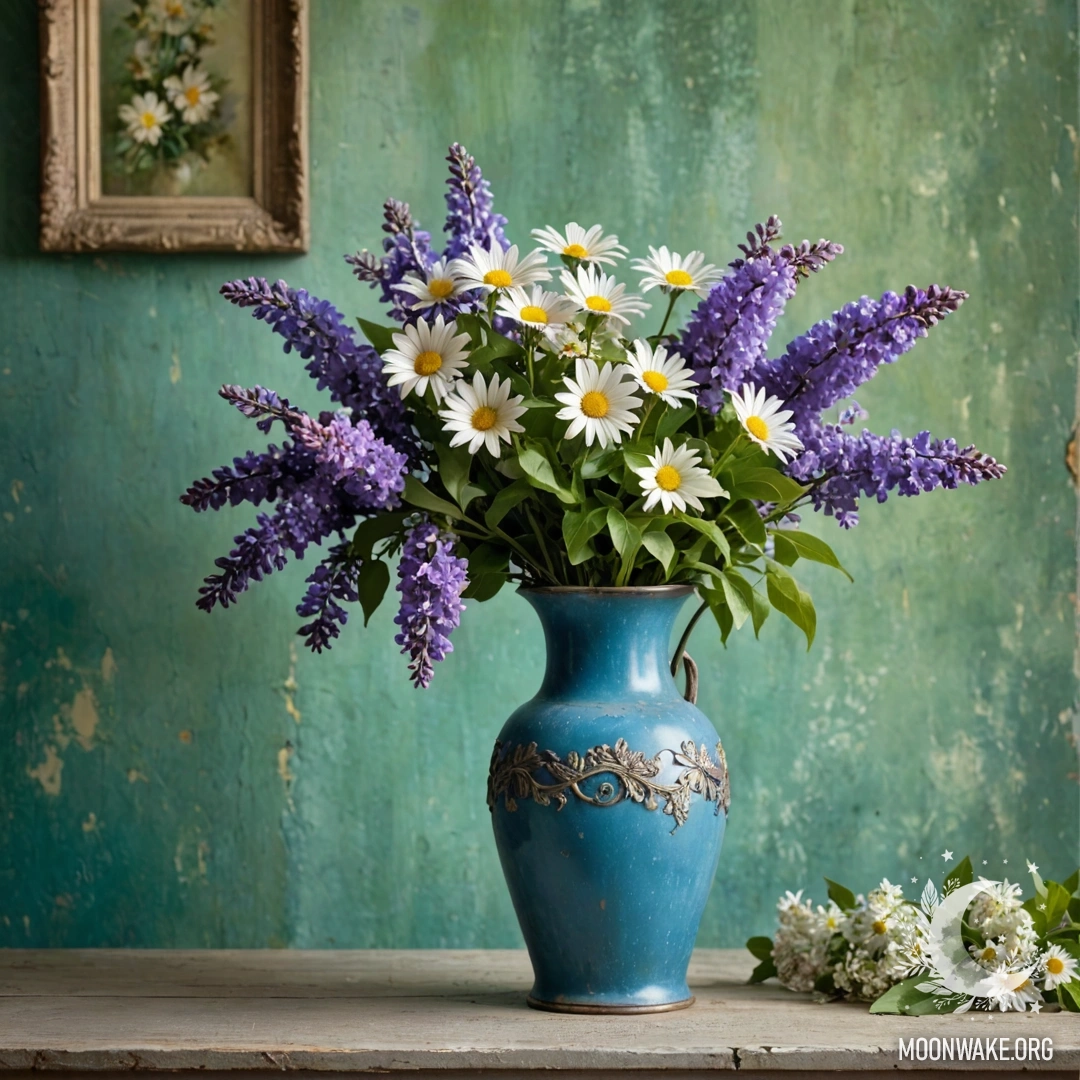 A shabby blue vase filled with daisies and lilacs against a green wall with garland lights.
