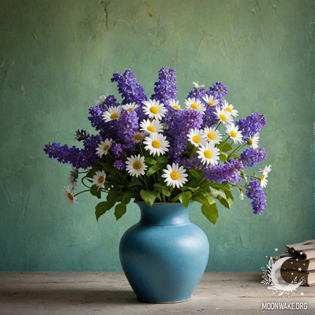 A picturesque blue vase filled with daisies and lilacs against a shabby greenish wall.