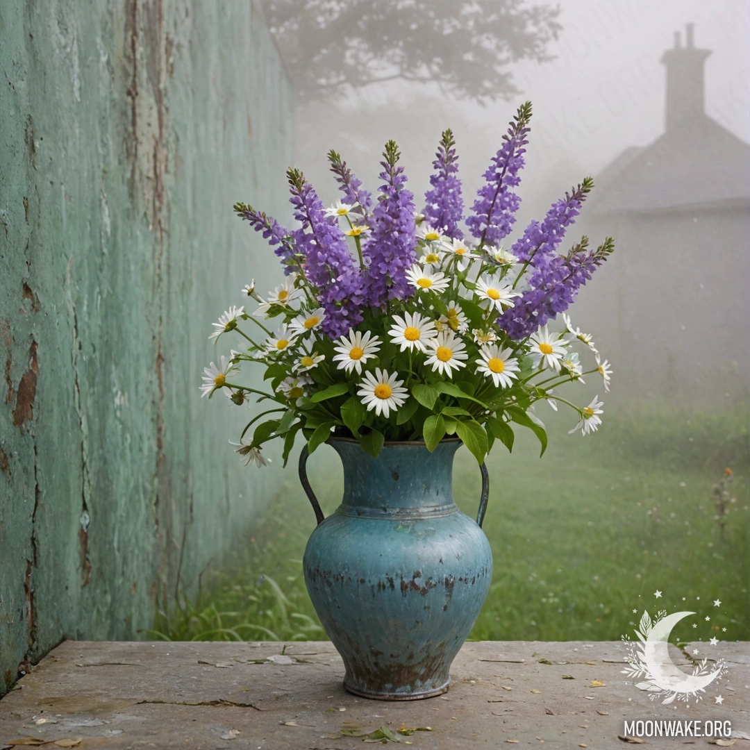 Charming Blue Vase with Daisies and Lilacs A shabby blue vase filled with daisies and lilacs against a greenish wall in dense fog.