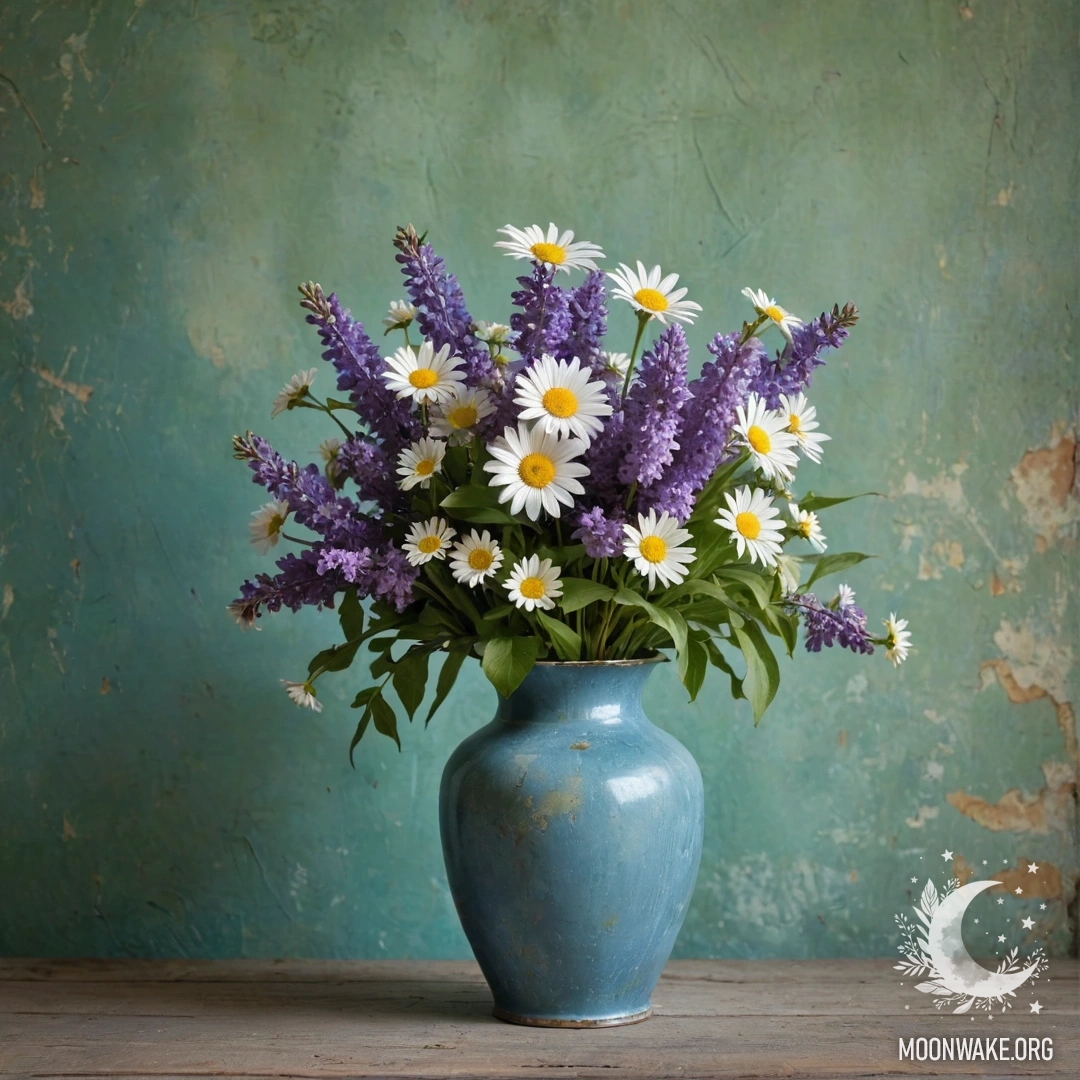 A shabby blue metal vase filled with daisies and lilacs against a green wall.