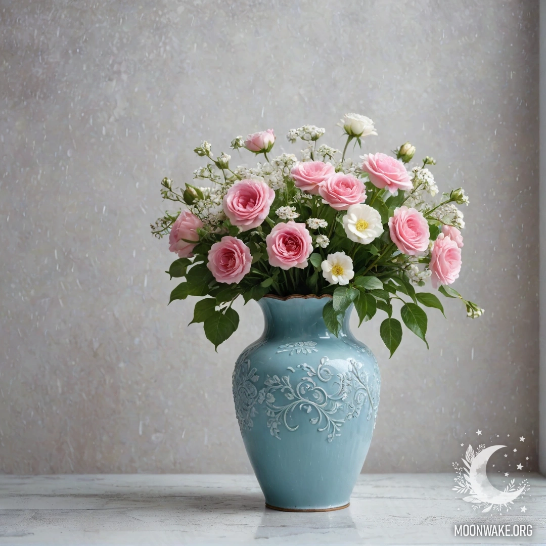 Charming Blue Vase with Flowers Pastel blue vase filled with white and pink flowers against a shabby white wall under the rain.
