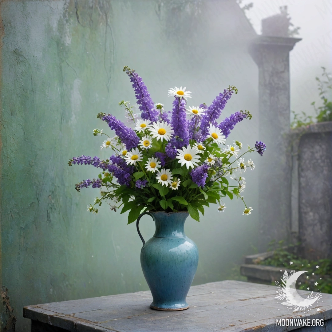 A shabby blue metal vase filled with daisies and lilacs, set against a greenish wall shrouded in mist.