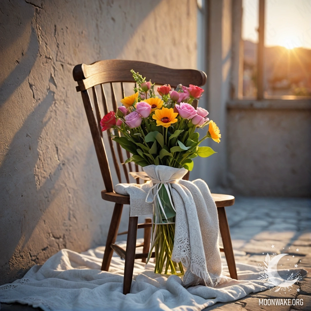 A photorealistic image of a chair against a shabby wall, covered with a blanket, featuring a bouquet of flowers at sunset.