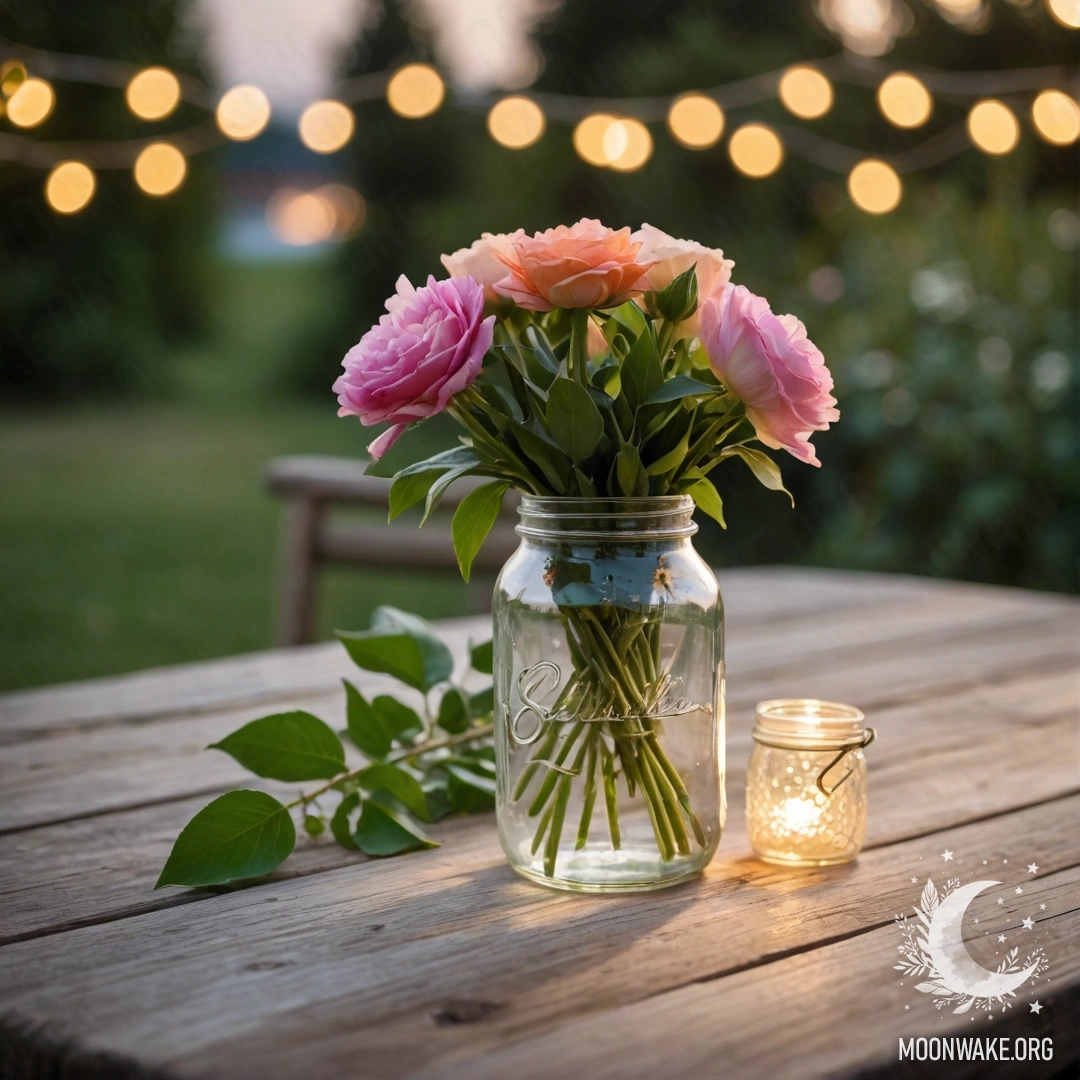 Charming Bouquet in a Rustic Setting A shabby wooden table with a jar of flowers on it, illuminated by sunset bokeh.