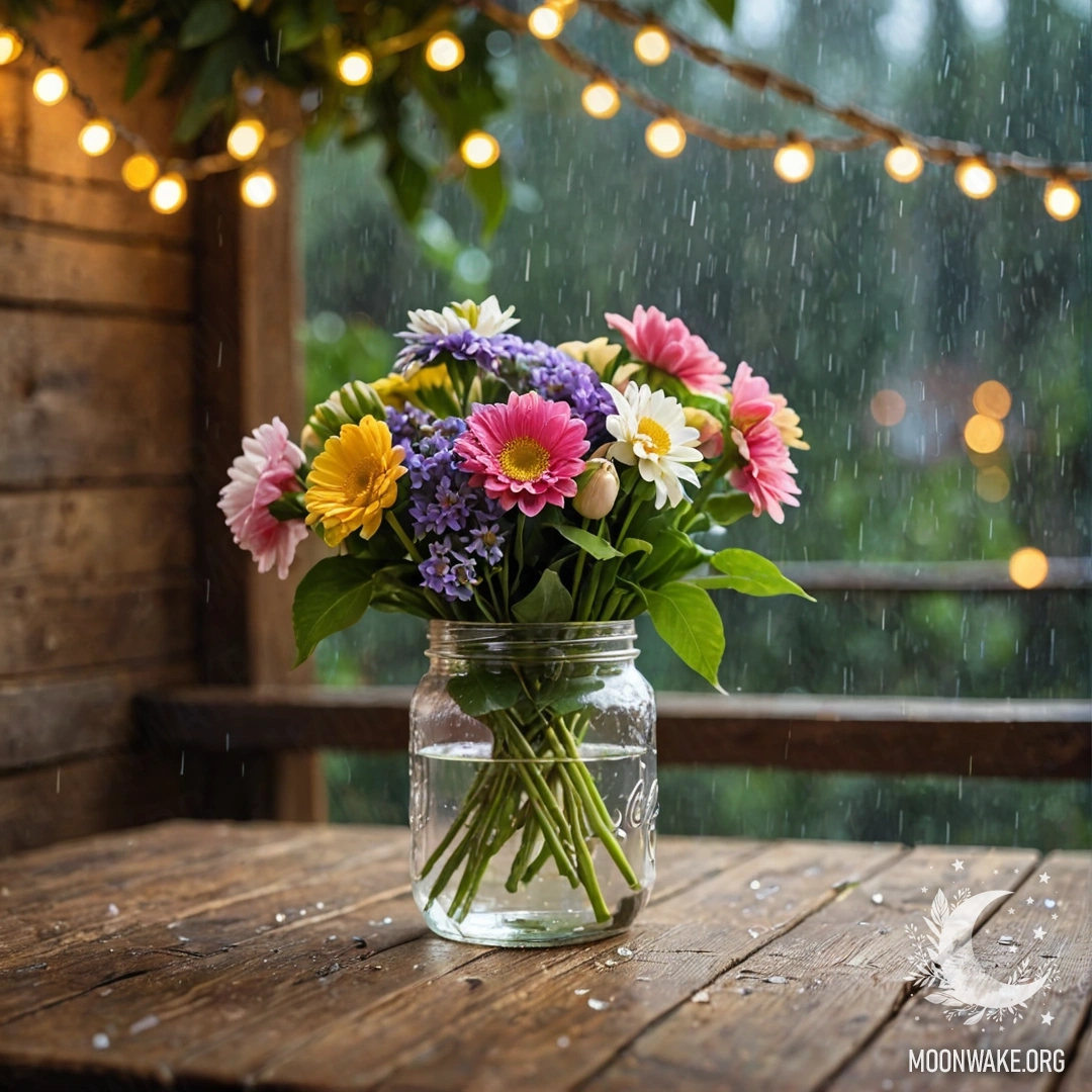 A shabby wooden table with a jar and bouquet of flowers, rain in the background.
