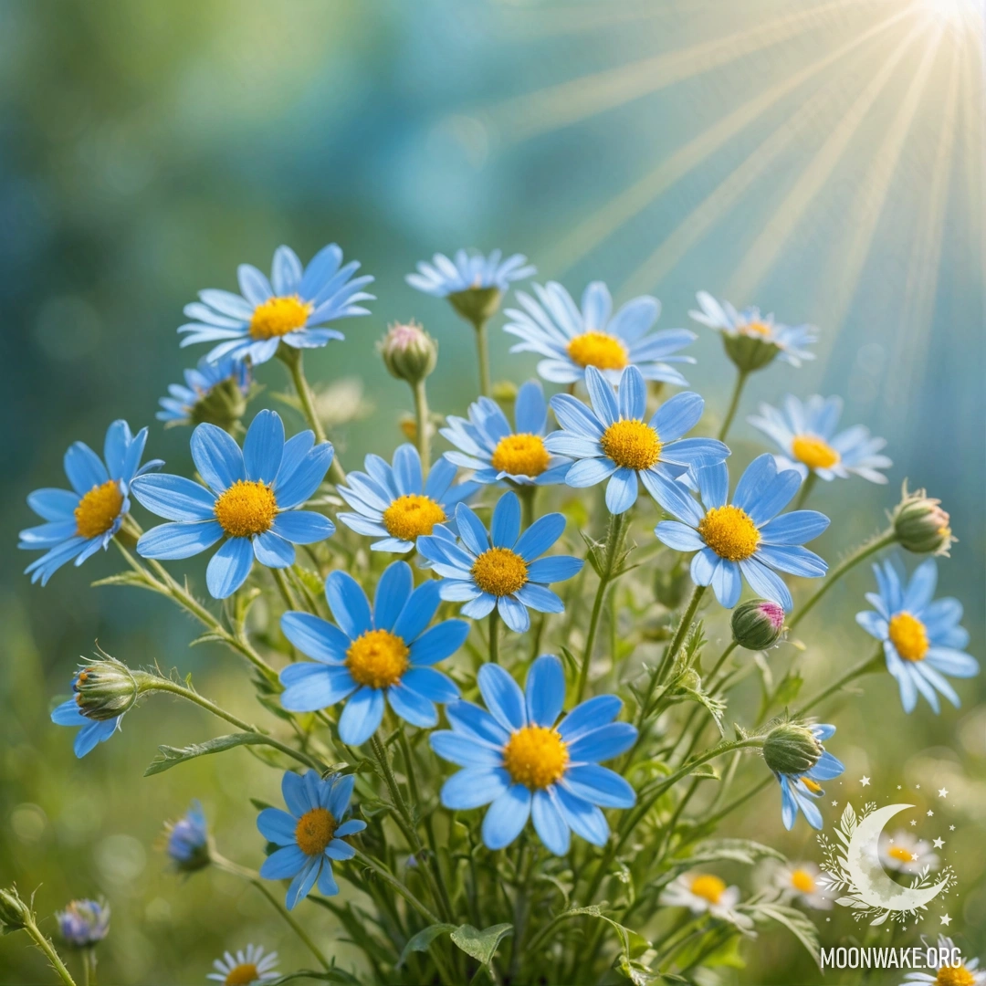 A bouquet of delicate wildflowers in shades of sky blue, illuminated by sunny rays.
