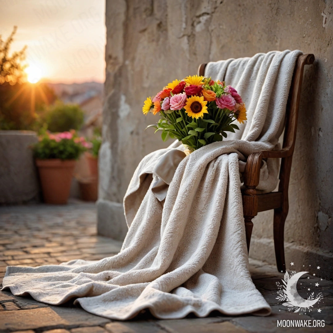 A bouquet of flowers rests on a blanket on a chair against a shabby wall during sunset.