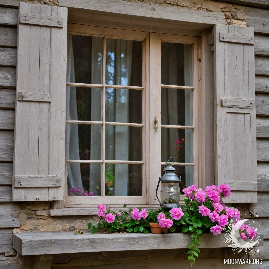 A cozy chair with a blanket and a bouquet of flowers against a shabby wall during sunset.