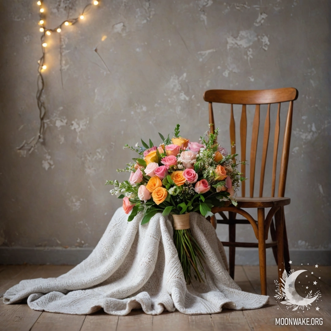 Charming Bouquet on a Cozy Chair A cozy chair draped with a blanket, adorned with a bouquet of flowers and twinkling garland lights against a shabby wall.