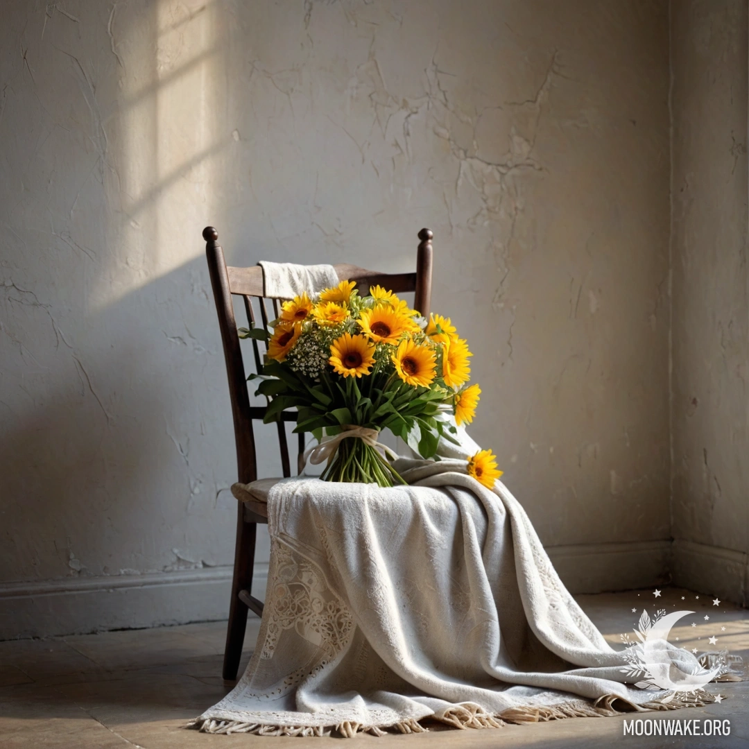 A chair against a shabby wall with a blanket and a bouquet of flowers on it.