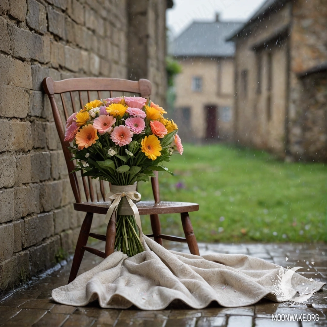 A jar with a bouquet of flowers on a shabby wooden table with a bokeh background of light garlands and sun rays.