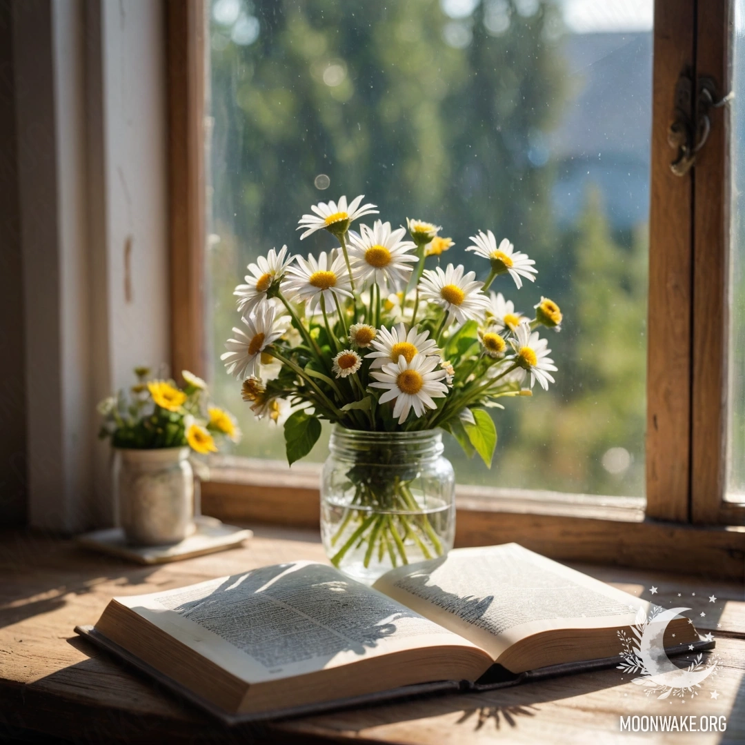 A cozy chair with a blanket and a bouquet of flowers on it against a weathered wall shrouded in dense fog.