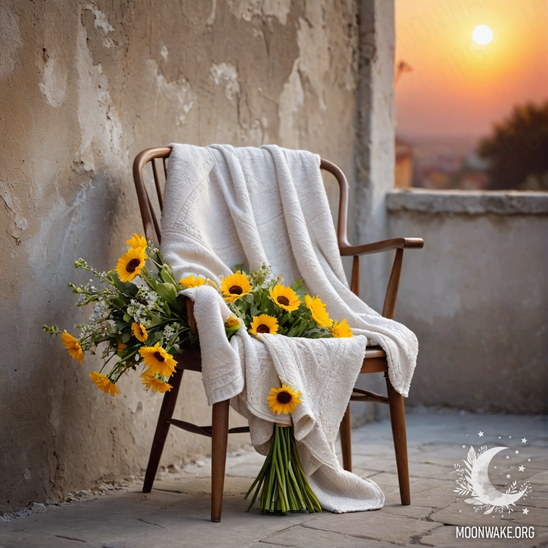 A chair against a shabby wall with a blanket and a bouquet of flowers at sunset.