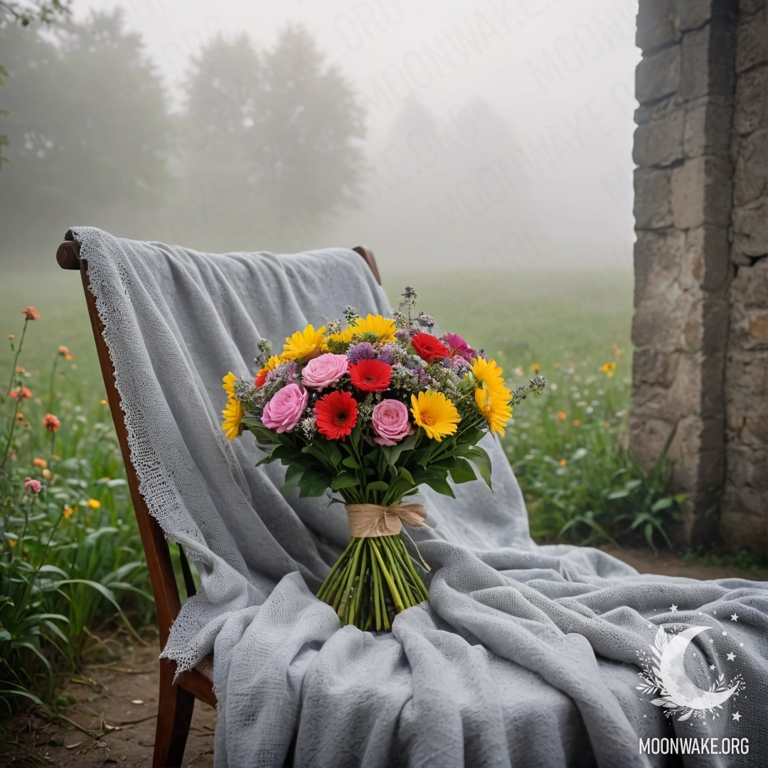 A chair against a shabby wall, with a blanket and a bouquet of flowers on it, surrounded by heavy fog.