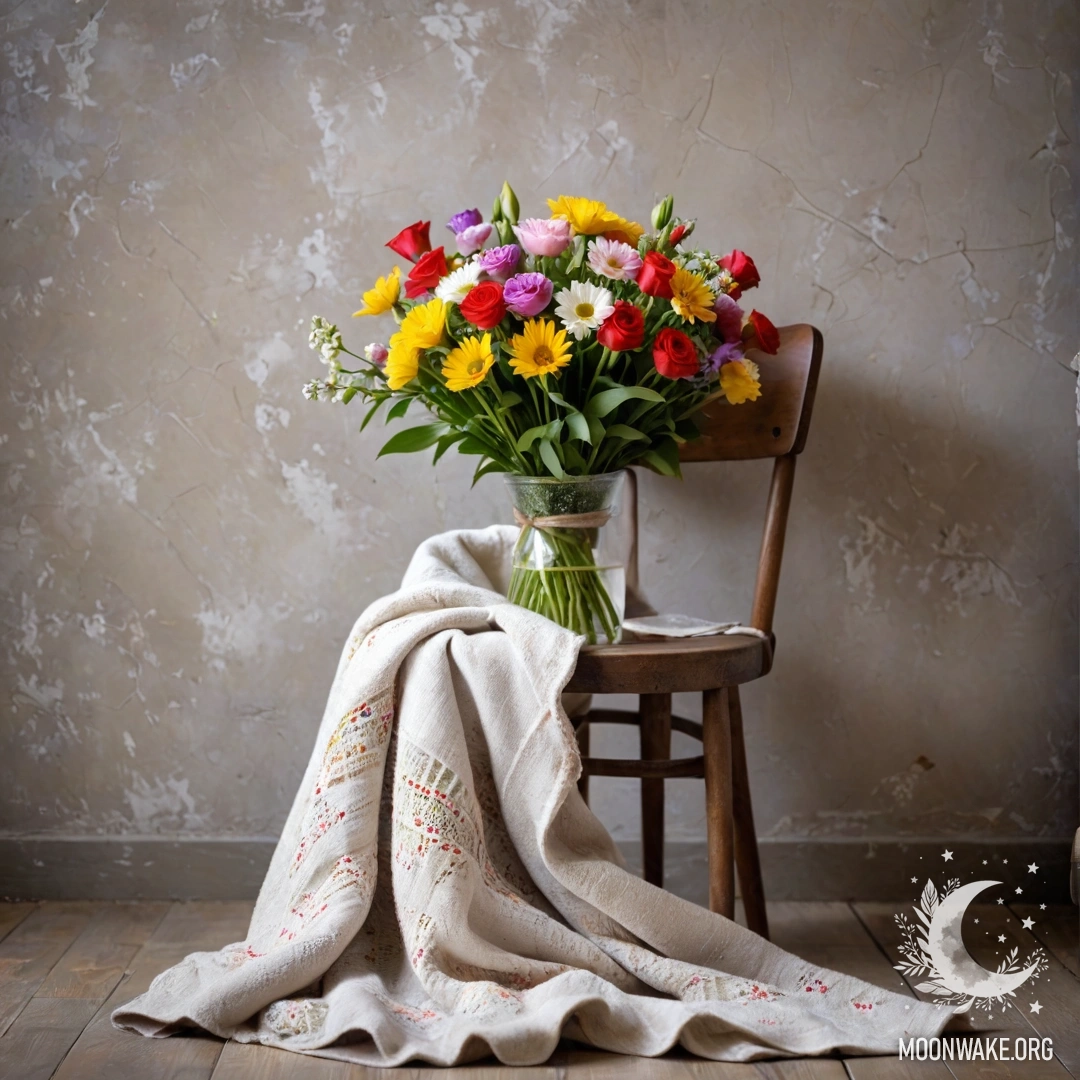 A cozy chair with a blanket and a bouquet of flowers on it against a shabby wall.