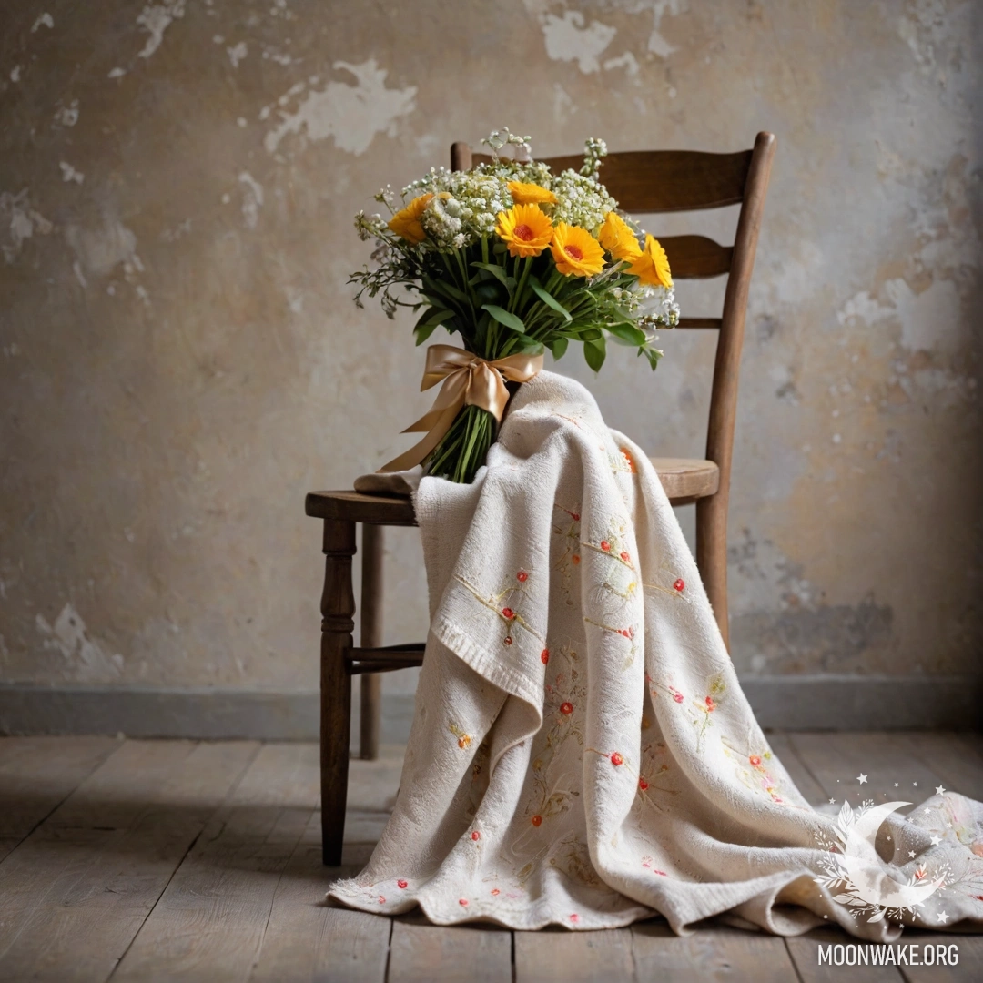 A chair with a blanket and a bouquet of flowers lying on it against a shabby wall.