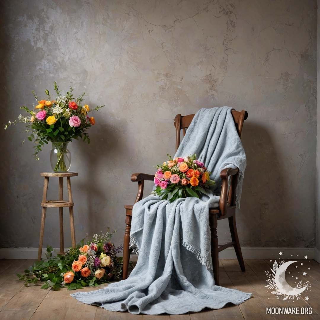A cozy chair against a shabby wall with a blanket and bouquet of flowers.