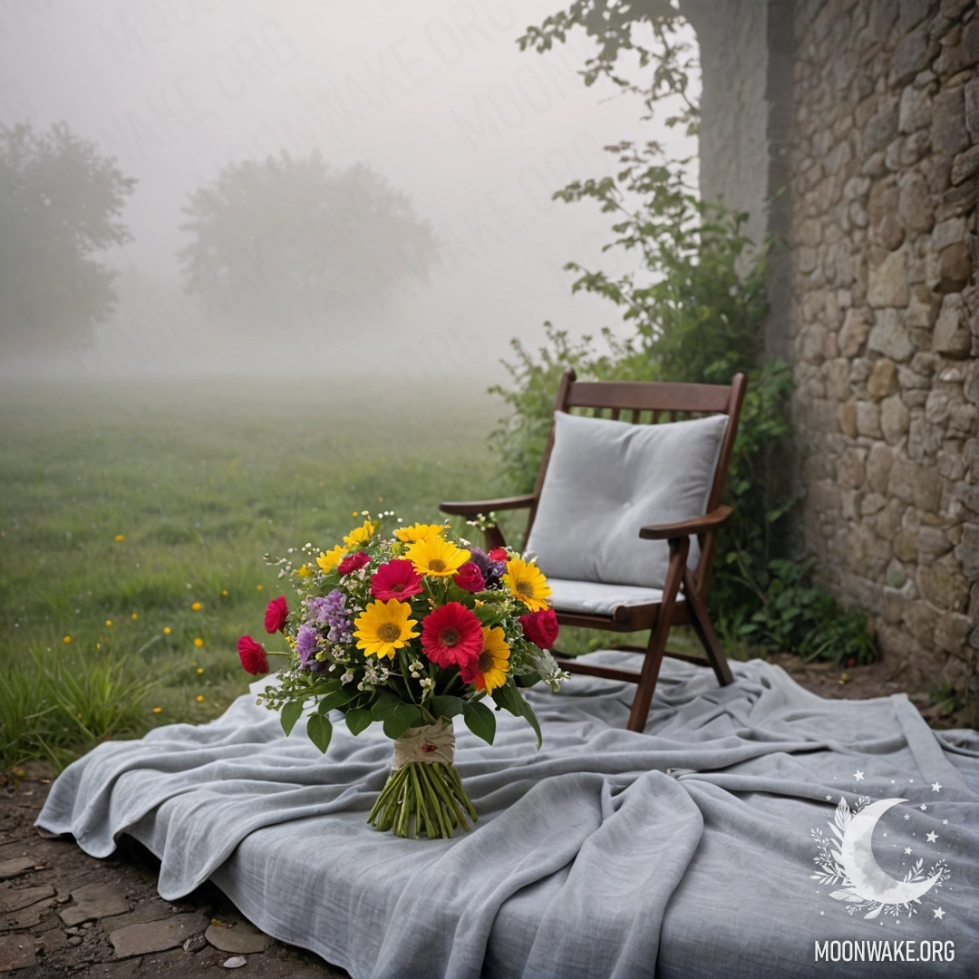 A cozy chair with a blanket and a bouquet of flowers against a shabby wall in a heavy fog.