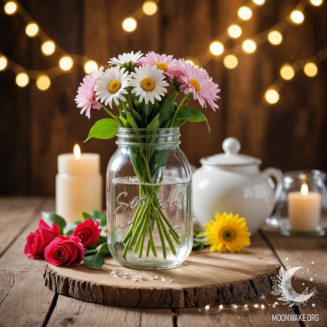 A rustic wooden table adorned with a jar of flowers and background lights.