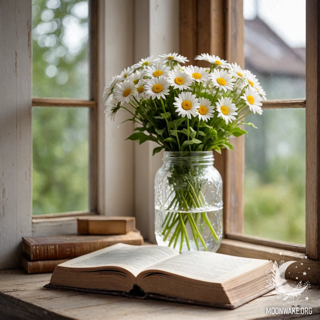 Charming Bouquet on a Rustic Table A shabby wooden table with a jar holding a bouquet of flowers, soft bokeh lights in the rain behind.