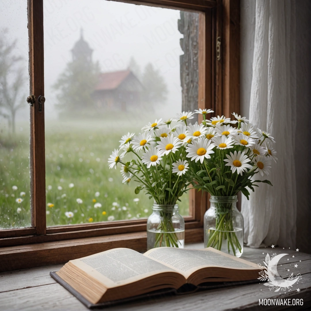 A rustic wooden table with a jar of flowers and a bokeh background.