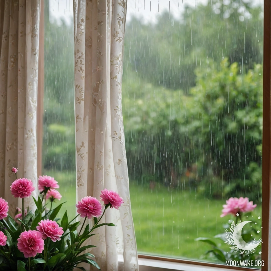 A rustic wooden table with a bouquet of flowers in a jar, behind it a blurred light garland under rain.