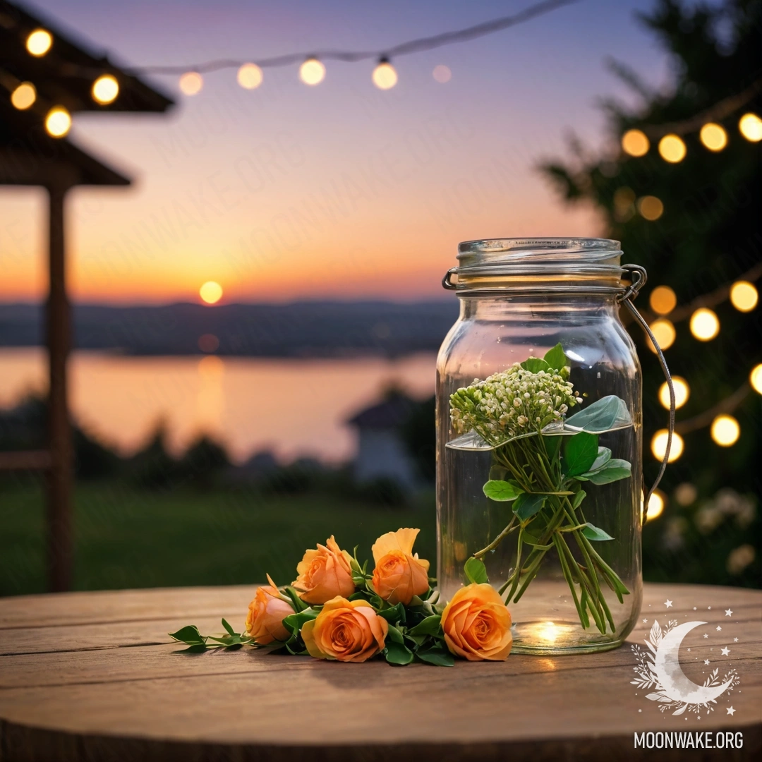 A shabby wooden table with a jar of flowers and a bokeh of lights in the background at sunset.