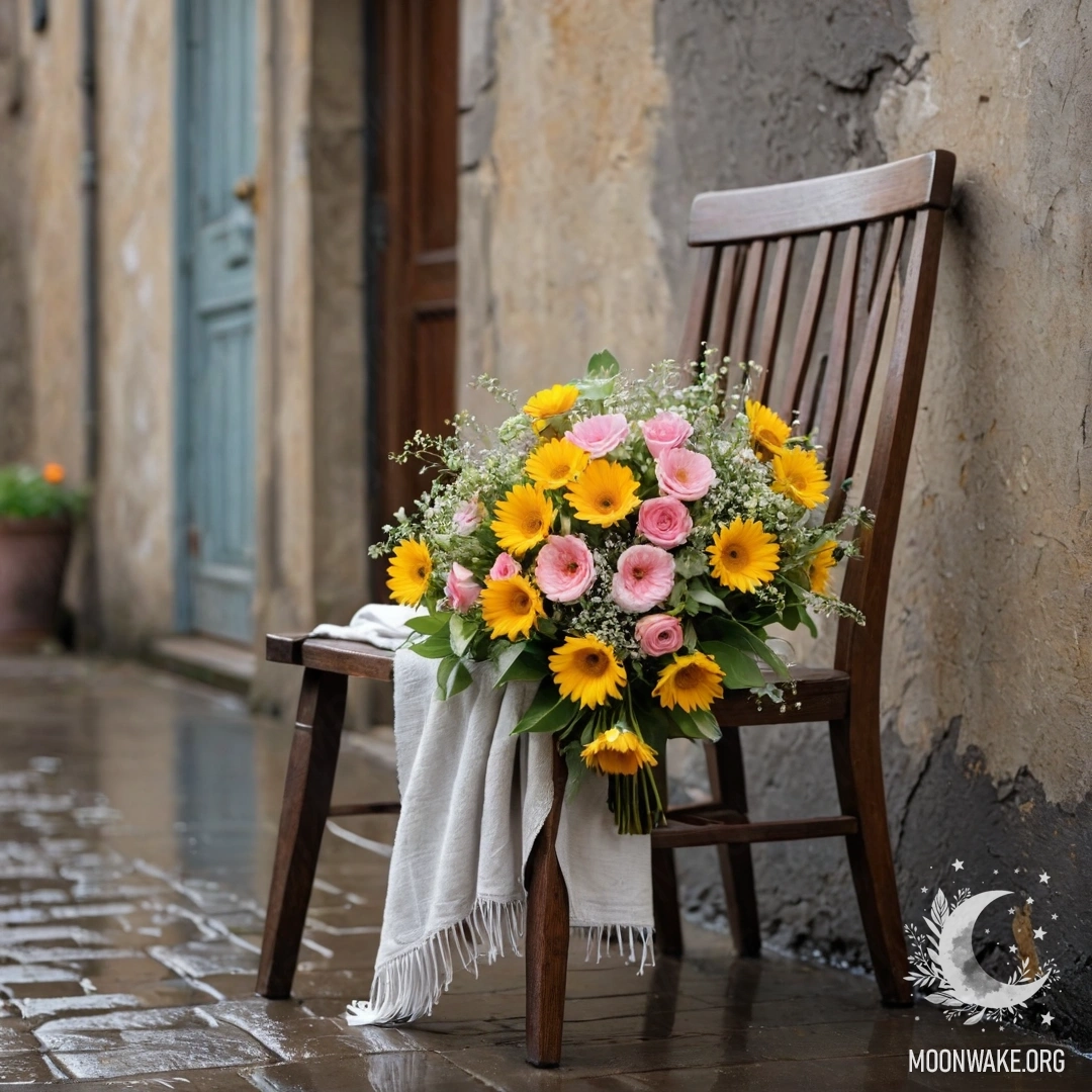 A vintage chair with a blanket and a bouquet of flowers under rain against a shabby wall.