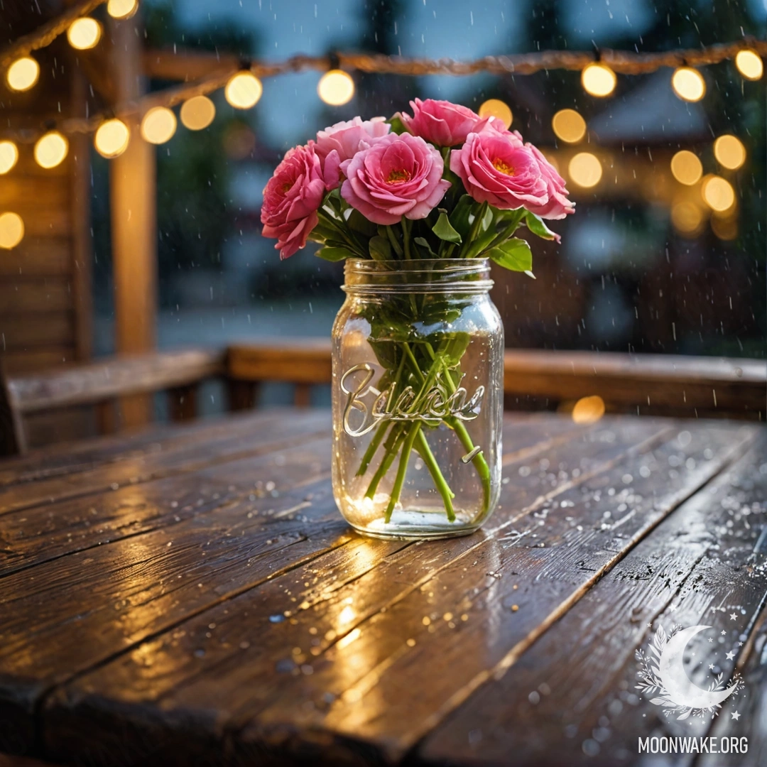 A shabby wooden table with a jar containing a bouquet of flowers, surrounded by a bokeh of light garlands in the rain.
