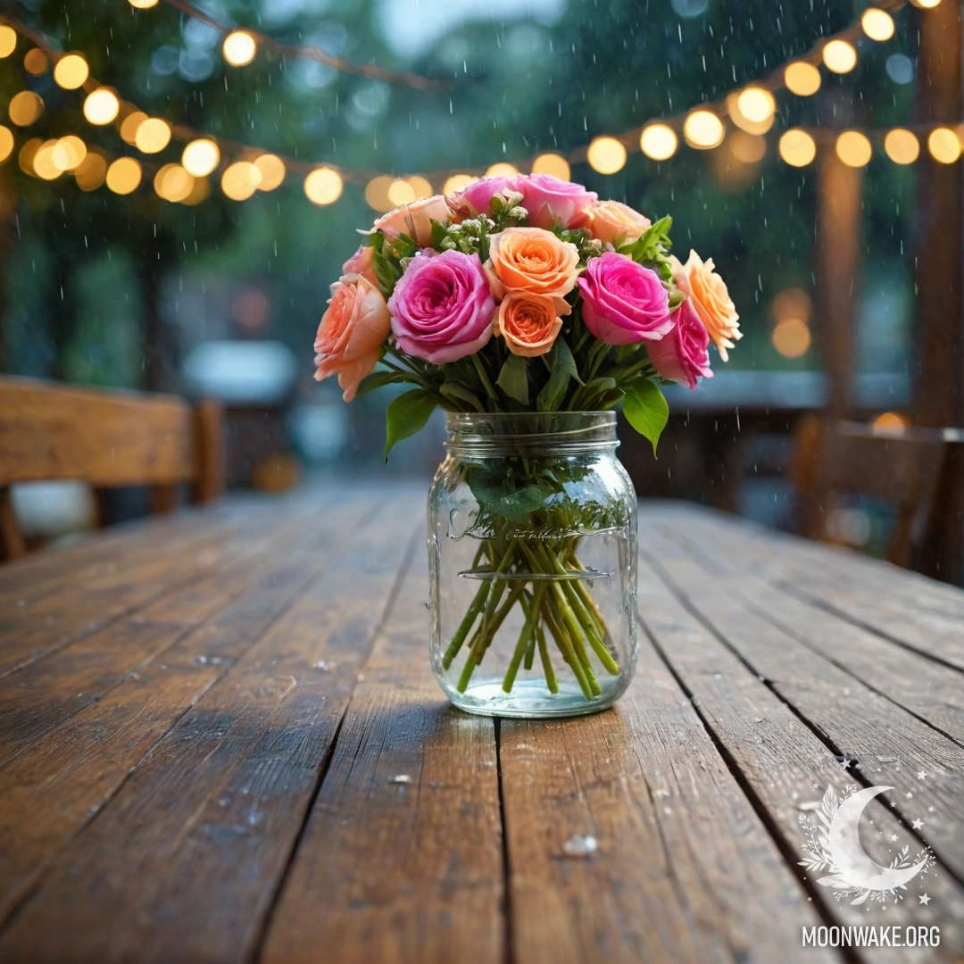Charming Bouquet on a Wooden Table A rustic wooden table with a jar of flowers and a bokeh of light garland in the background under rain.