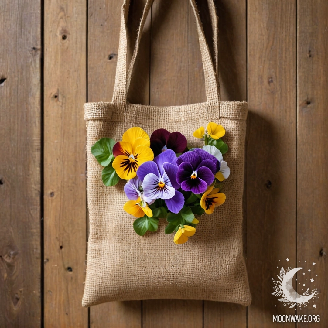 A small burlap bag filled with pansies hanging on a shabby wooden wall.