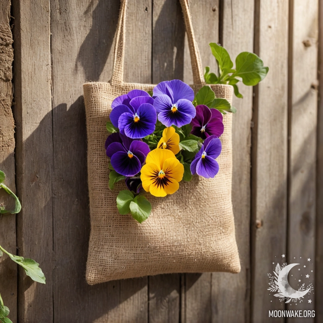 A small burlap bag hangs on a shabby wooden wall filled with pansies and sun rays.