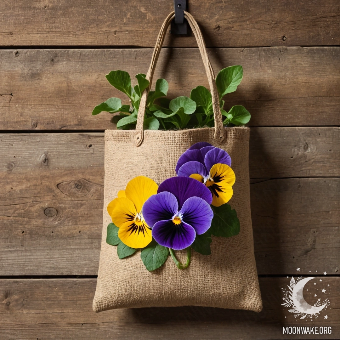 A small burlap bag hangs on a shabby wooden wall, filled with pansies.