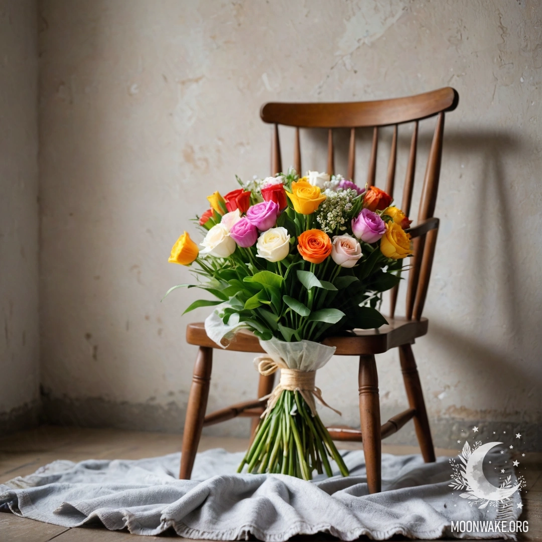 A rustic chair draped with a blanket, adorned with a bouquet of flowers, set against a weathered wall.
