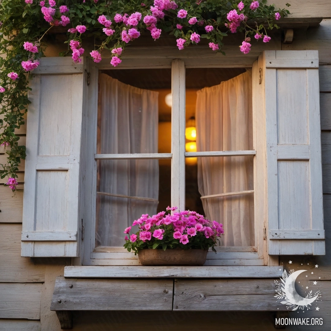A cozy chair adorned with a blanket and a bouquet of flowers against a shabby wall at sunset.