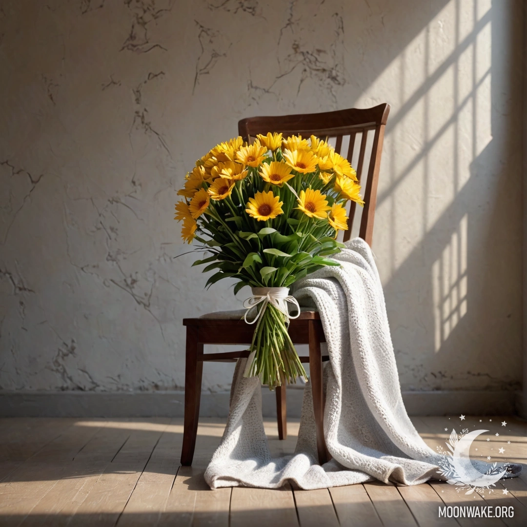 A rustic chair adorned with a blanket and a bouquet of flowers, sunlight streaming in.