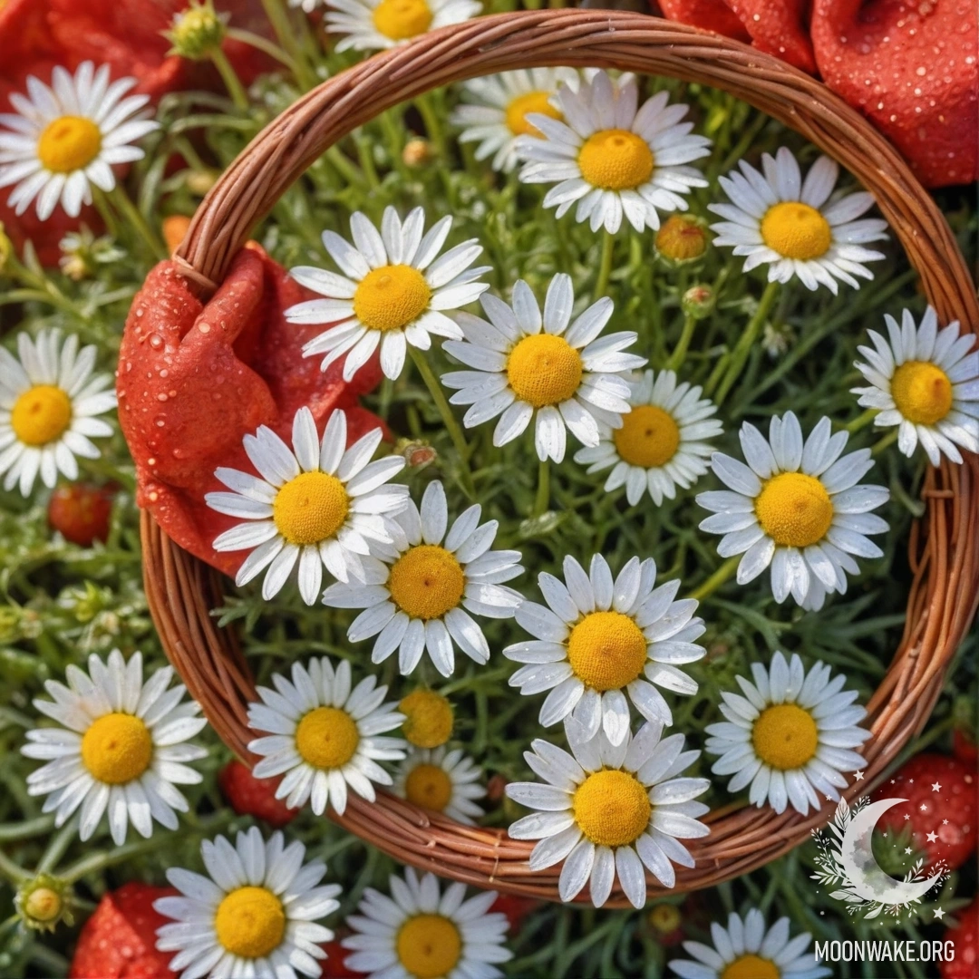 A basket of charming chamomile flowers adorned with dew drops and sunlight.