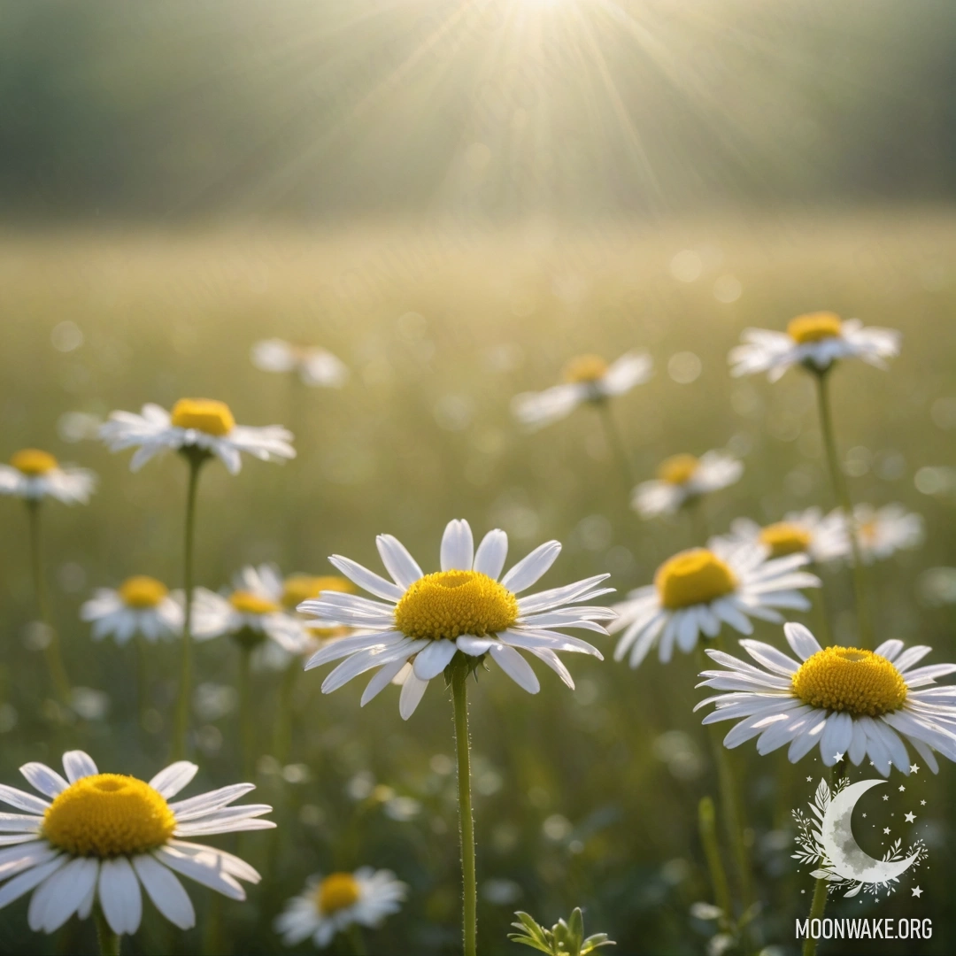 A minimalist representation of chamomile flowers surrounded by mist and golden sun rays.