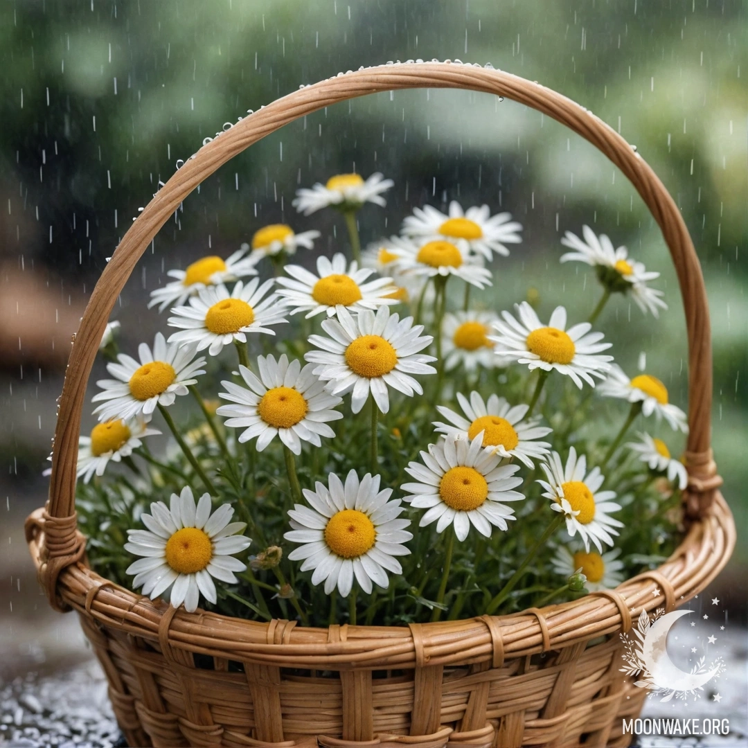A beautiful golden chamomile flower in a basket under the rain.