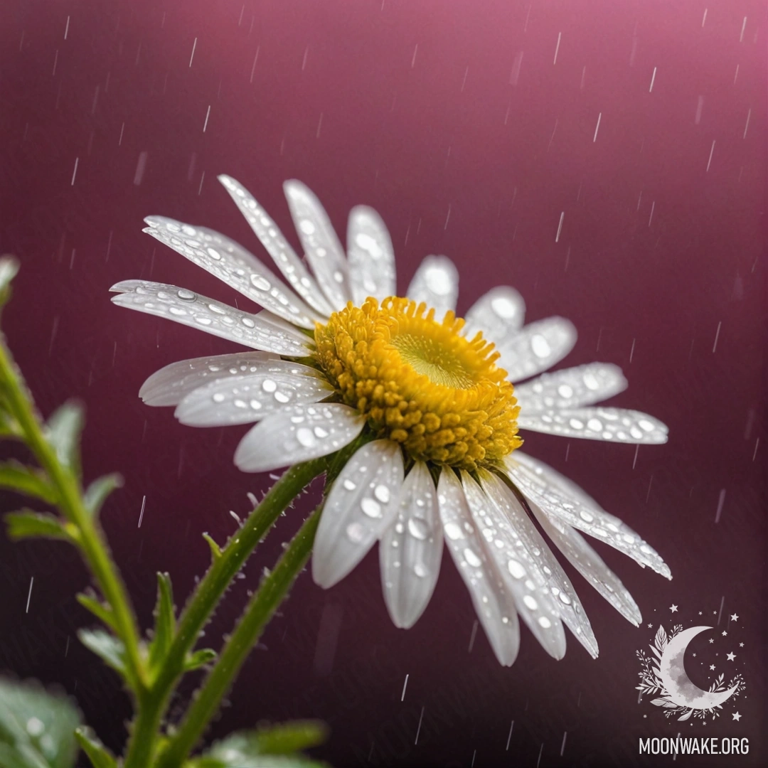 A delicate chamomile flower drenched in rain with sunbeams and glitter.