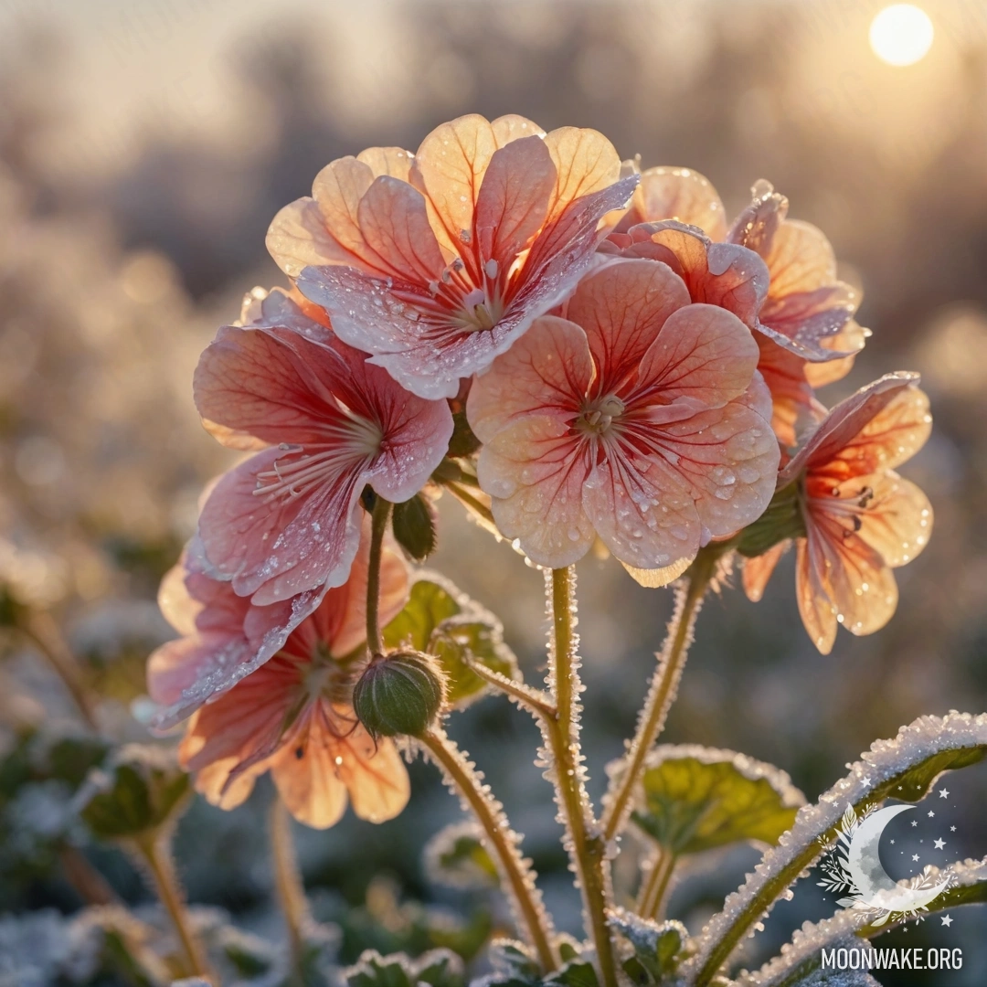 A serene scene featuring delicate chamomile flowers covered in frost, set against a vibrant sunset.