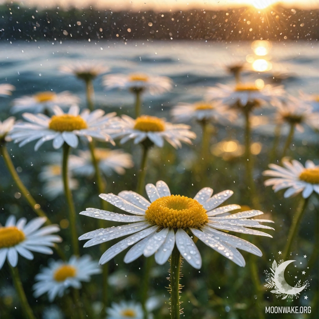 Beautiful chamomiles under the rain at sunset with glitter.