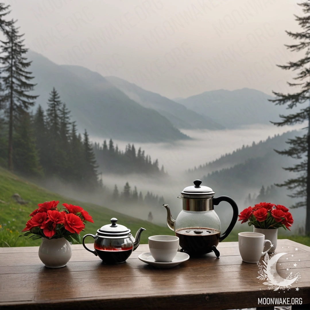 A wooden table with a jar of red flowers, a coffee pot and cups against a misty mountainous background.