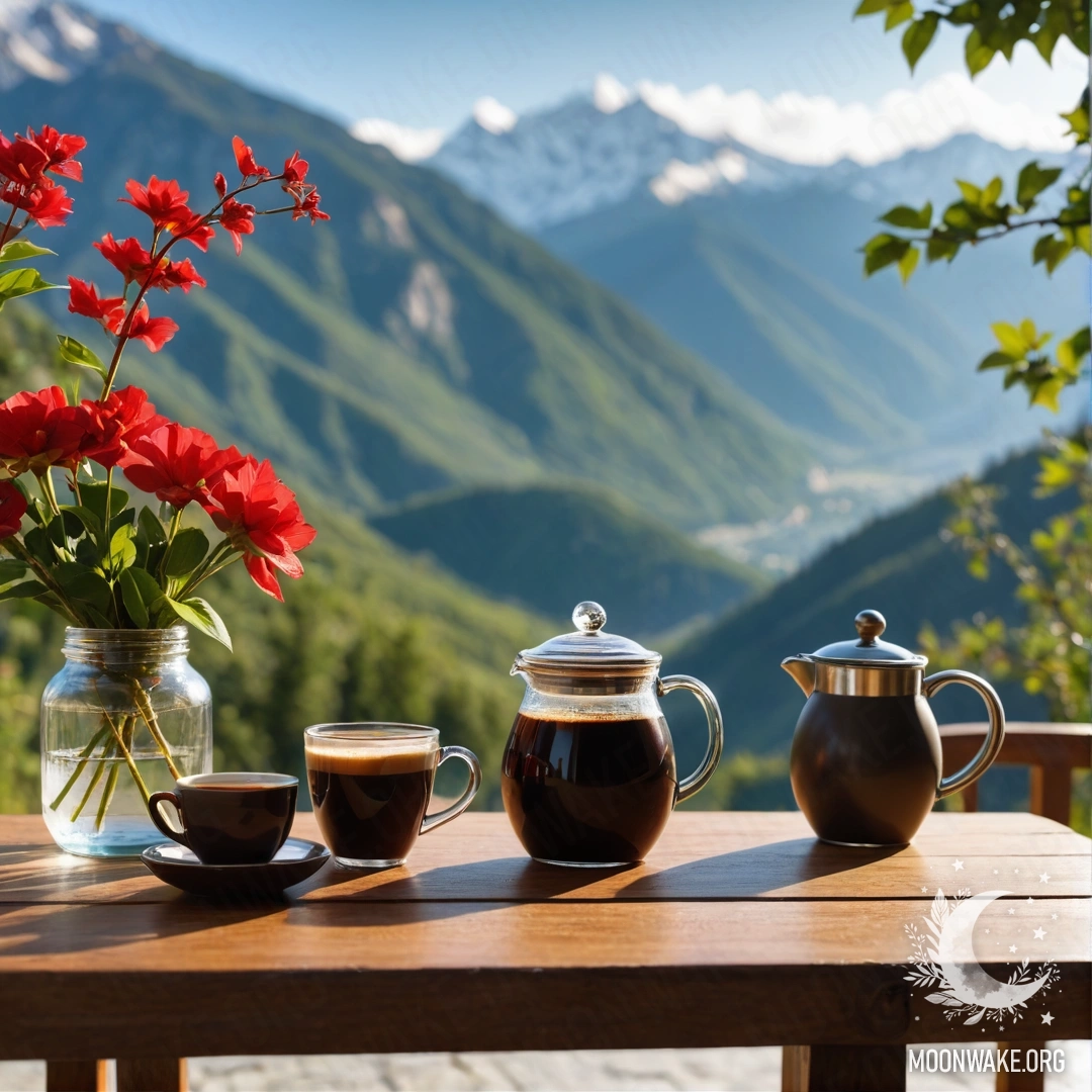 Charming Countryside Table with Flowers and Coffee A cozy wooden table with a jar of red flowers, a coffee pot, and cups against a mountain background.