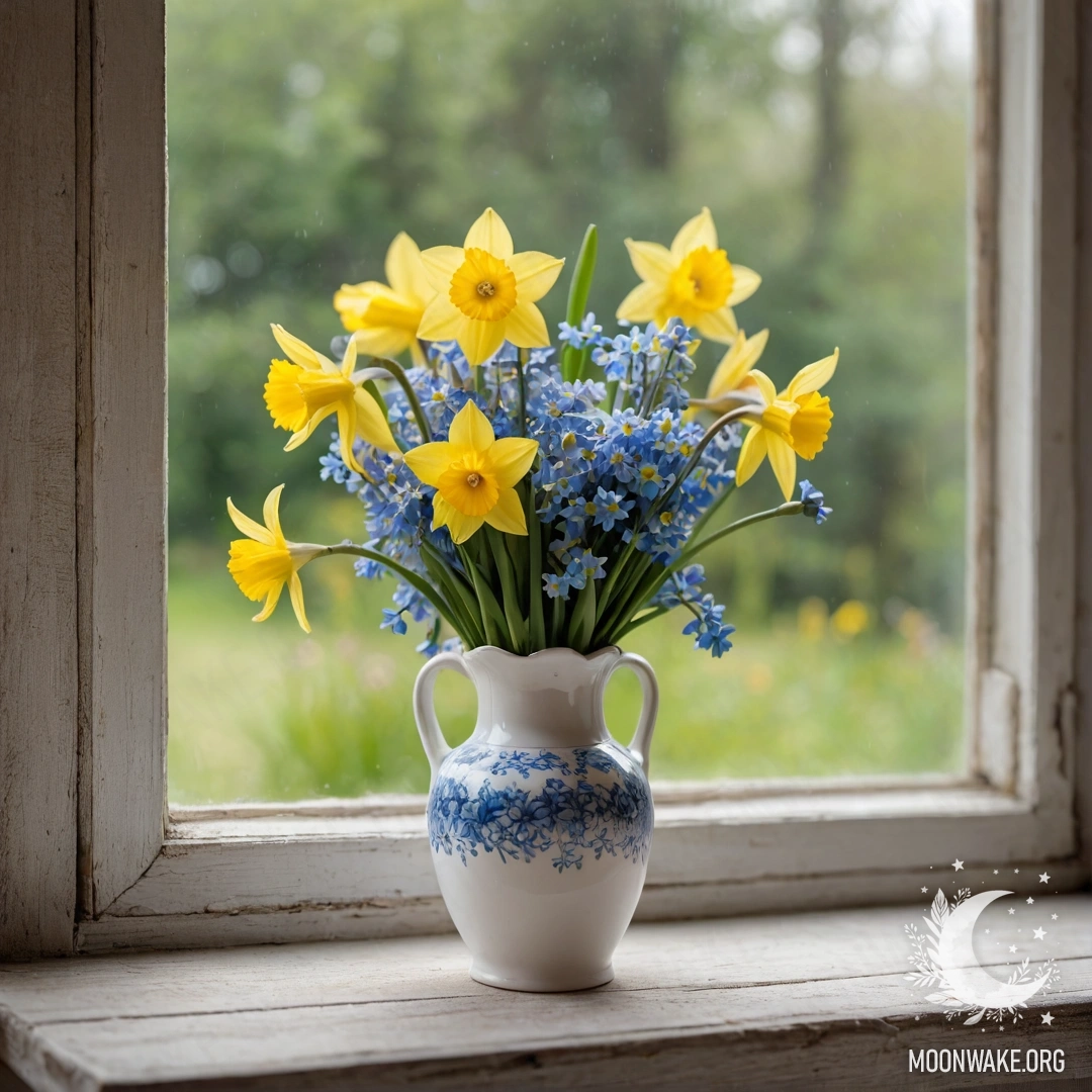 Charming Daffodils and Forget-Me-Nots on Windowsill An old wooden windowsill with a white porcelain vase filled with daffodils and forget-me-nots, adorned with twinkling garland lights.