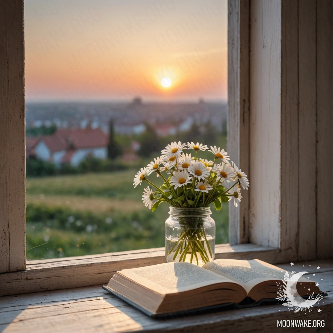A jar with daisies on a shabby wooden windowsill, next to an open book.