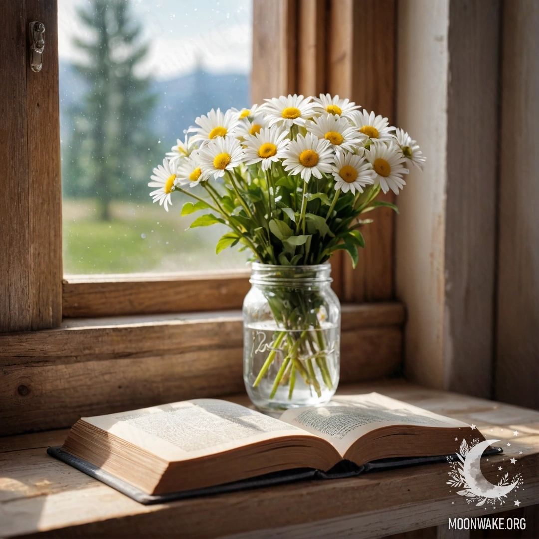 A shabby wooden windowsill with a jar of daisies and an open book.