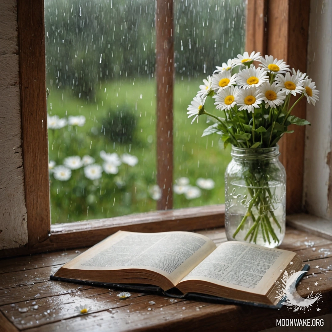 A close-up of a shabby wooden windowsill with a jar of daisies and an open book resting beneath the rain.